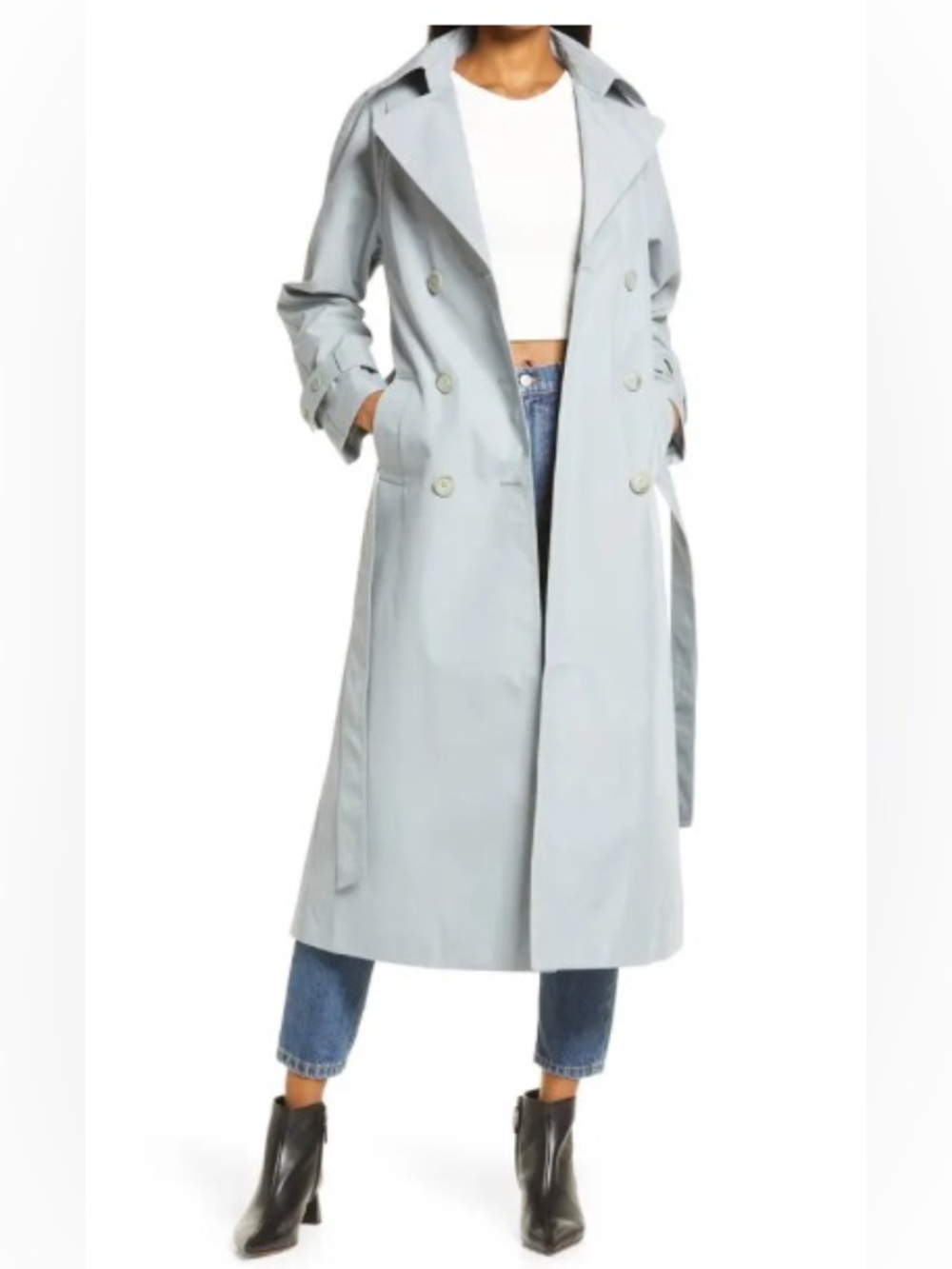 Reformation Light Blue Gray Double-Breasted Trench Coat